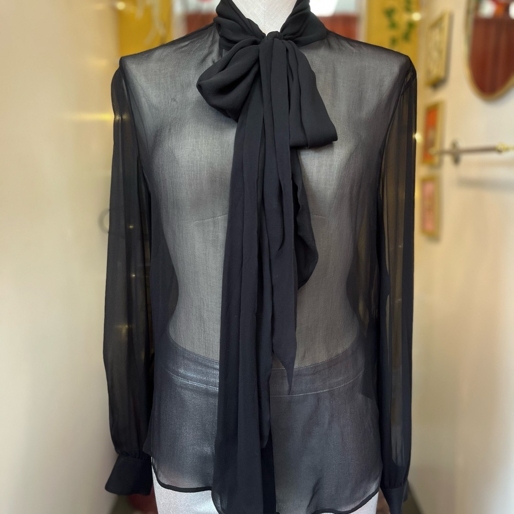 Saint Laurent Paris Silk Sheer Long Sleeve Button Down with Bow - Picture 2 of 15